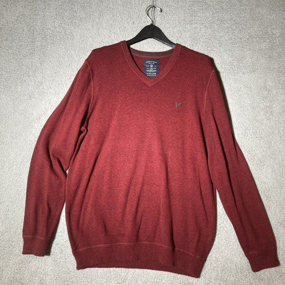 AMERICAN EAGLE LT Mens Maroon Sweater V-Neck Long Sleeve Pullover - Picture 1 of 10